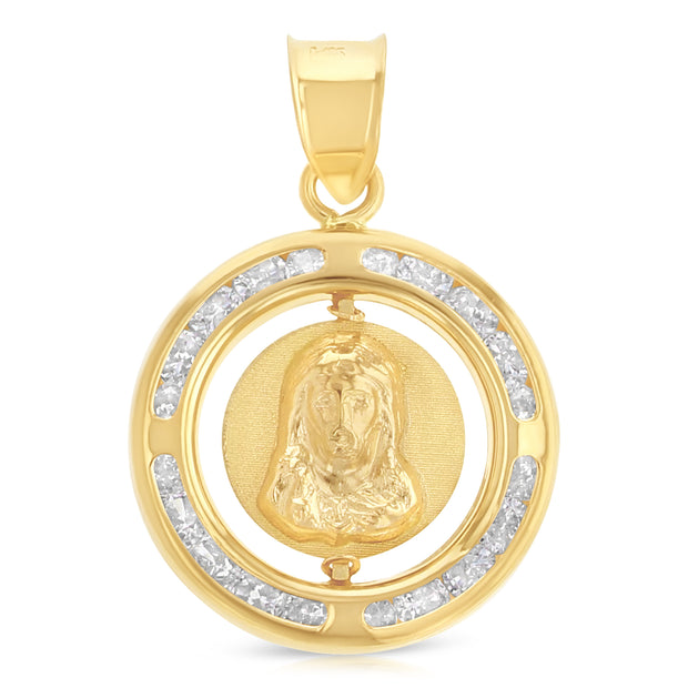 14K Gold Double Sided Round Religious Charm Pendant with 0.8mm Box Chain Necklace