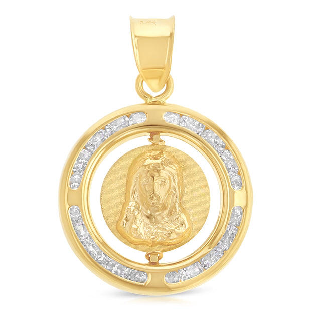 14K Gold Double Sided Round Religious Charm Pendant with 0.8mm Box Chain Necklace