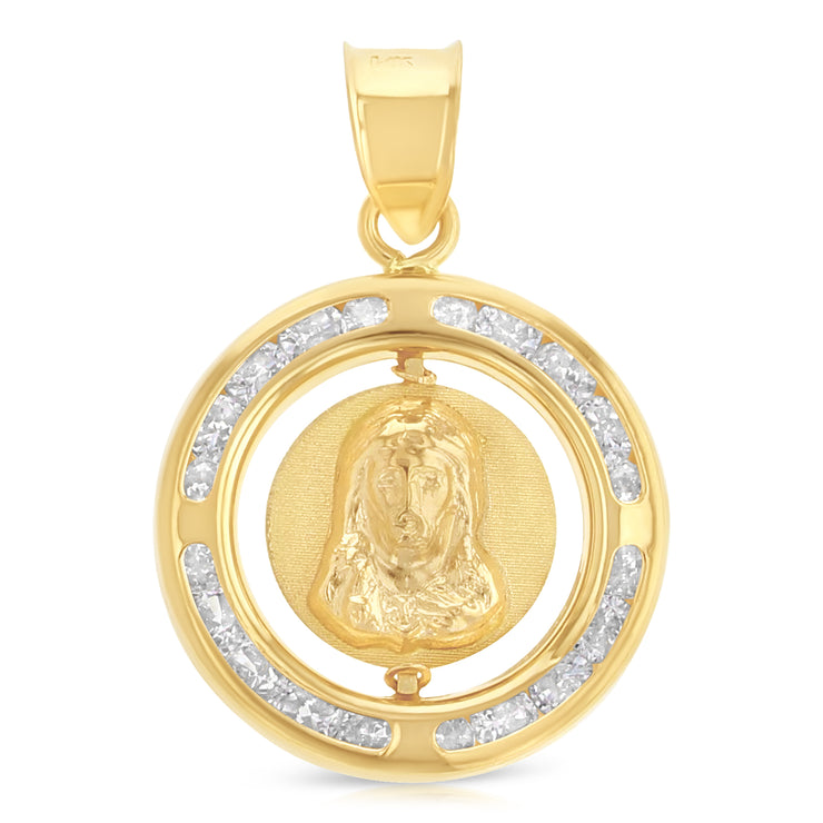 14K Gold Double Sided Round Religious Charm Pendant with 0.8mm Box Chain Necklace