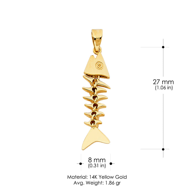 14K Gold Motion Fish Bone Charm Pendant