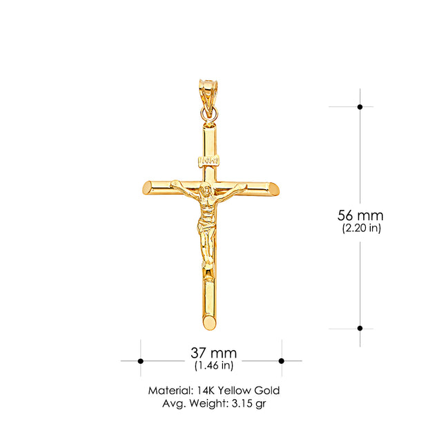 14K Gold Crucifix Pendant with 2mm Flat Open Wheat Chain