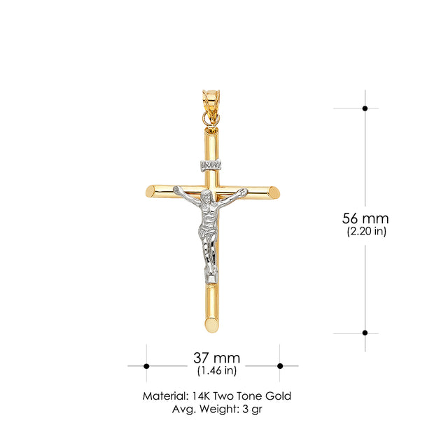 14K Gold Crucifix Charm Pendant with 1.4mm Round Wheat Chain Necklace