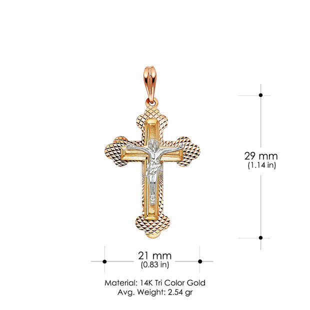 14K Gold Crucifix Pendant with 1.5mm Flat Open Wheat Chain