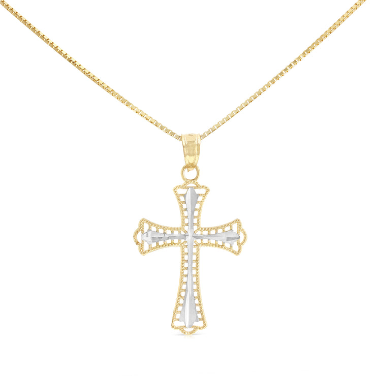 14K Gold Religious Cross Charm Pendant with 0.8mm Box Chain Necklace