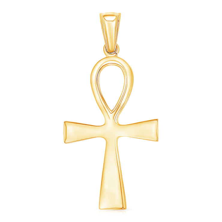 14K Gold Egyptian Ankh Cross Charm Pendant with 1.4mm Round Wheat Chain Necklace