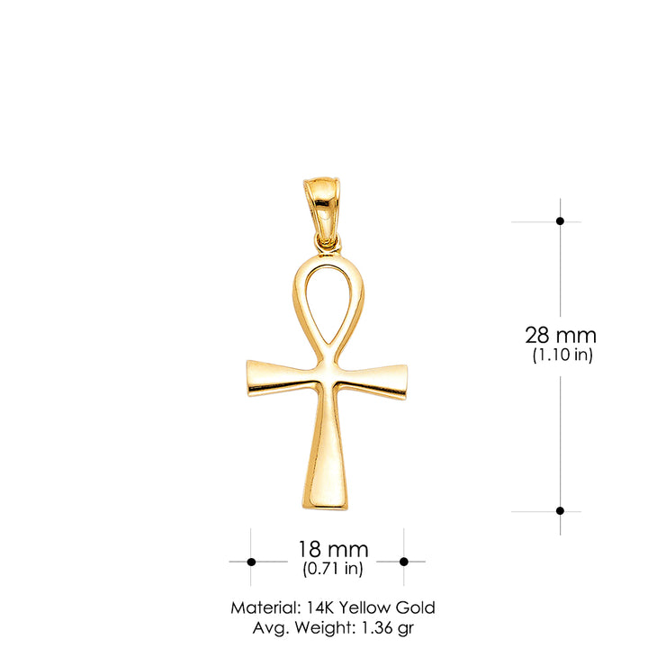 14K Gold Egyptian Ankh Cross Charm Pendant with 1.4mm Round Wheat Chain Necklace