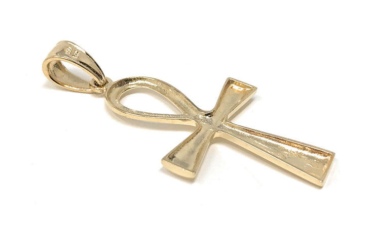 14K Gold Egyptian Ankh Cross Charm Pendant with 1.4mm Round Wheat Chain Necklace