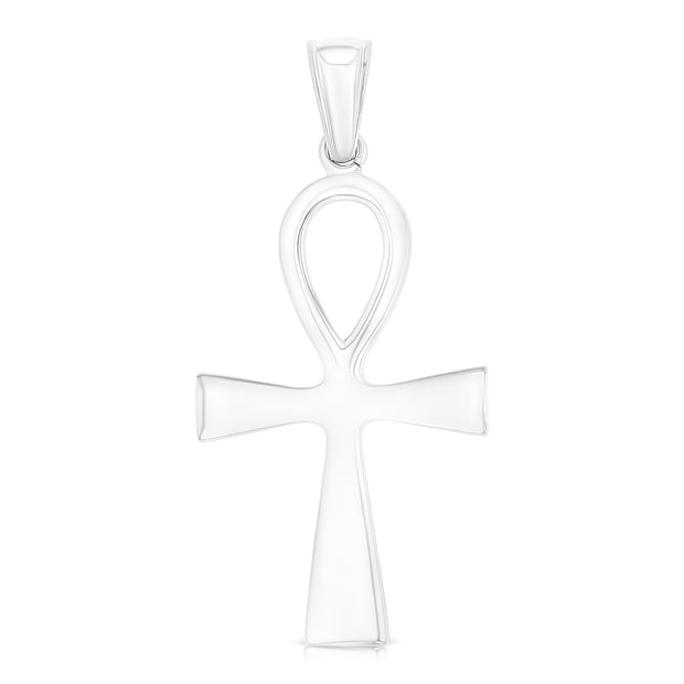 14K White Gold Egyptian Ankh Cross Charm Pendant with 2mm Rope Chain Necklace