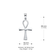 14K White Gold Egyptian Ankh Cross Charm Pendant with 1.7mm Flat Open Wheat Chain Necklace