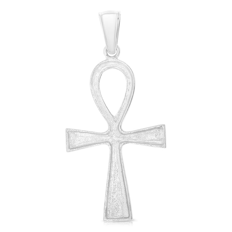 14K White Gold Egyptian Ankh Cross Charm Pendant with 2mm Rope Chain Necklace