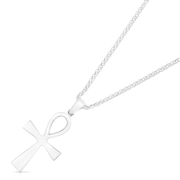 14K White Gold Egyptian Ankh Cross Charm Pendant with 1.7mm Flat Open Wheat Chain Necklace