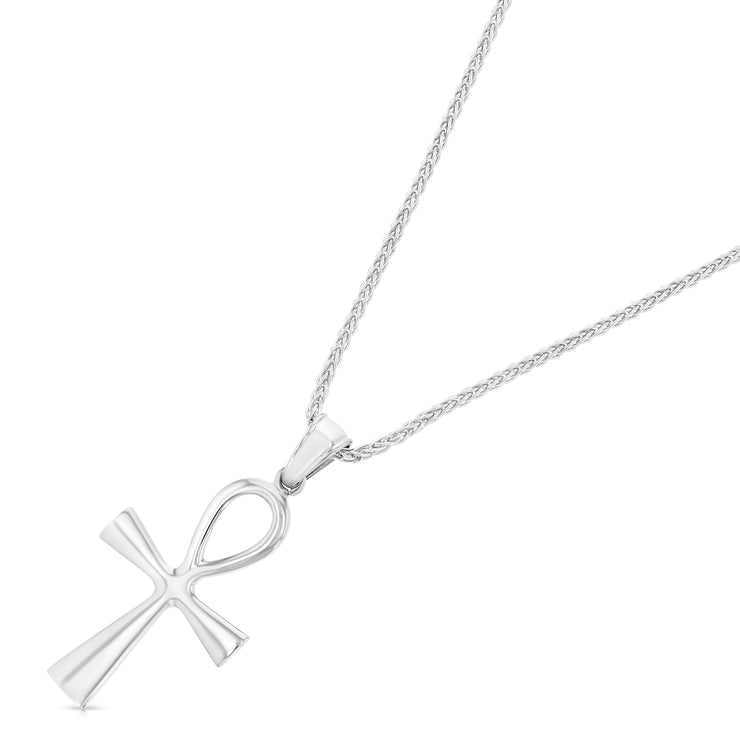 14K Gold Egyptian Ankh Cross Charm Pendant with 1.4mm Round Wheat Chain Necklace