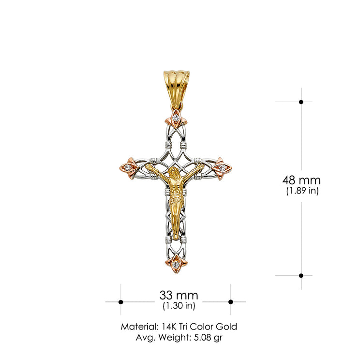 14K Gold CZ Crucifix Pendant with 3.4mm Hollow Cuban Chain