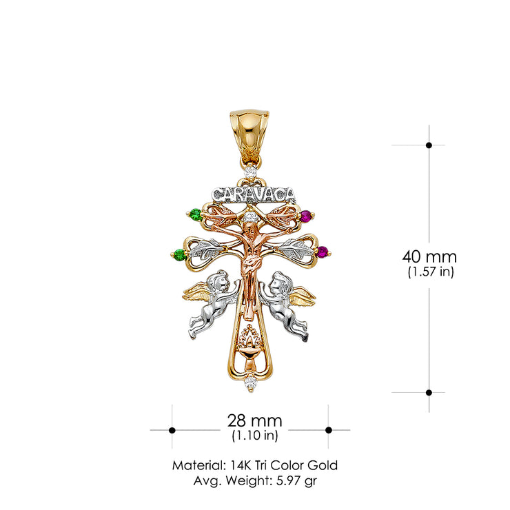 14K Gold CZ Cross of Caravaca Pendant with 4.2mm Valentino Star Diamond Cut Chain