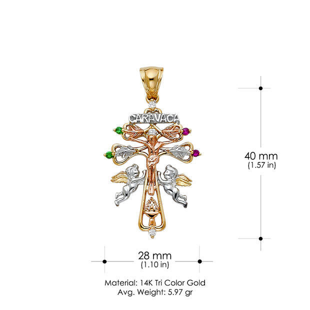 14K Gold CZ Cross of Caravaca Pendant with 3.1mm Figaro 3+1 Chain