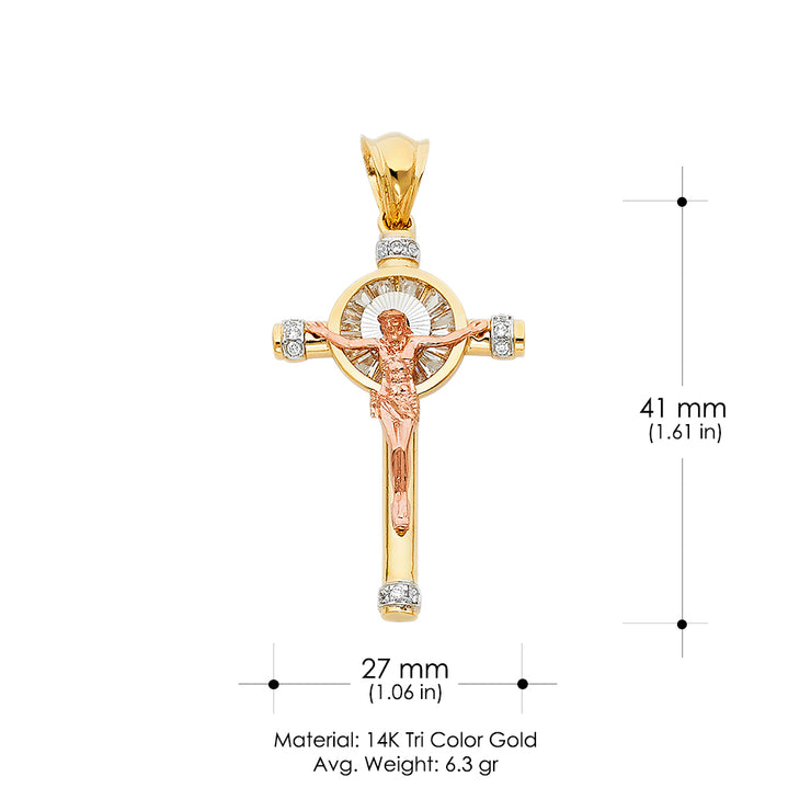 14K Gold CZ Crucifix Pendant with 3.4mm Hollow Cuban Chain