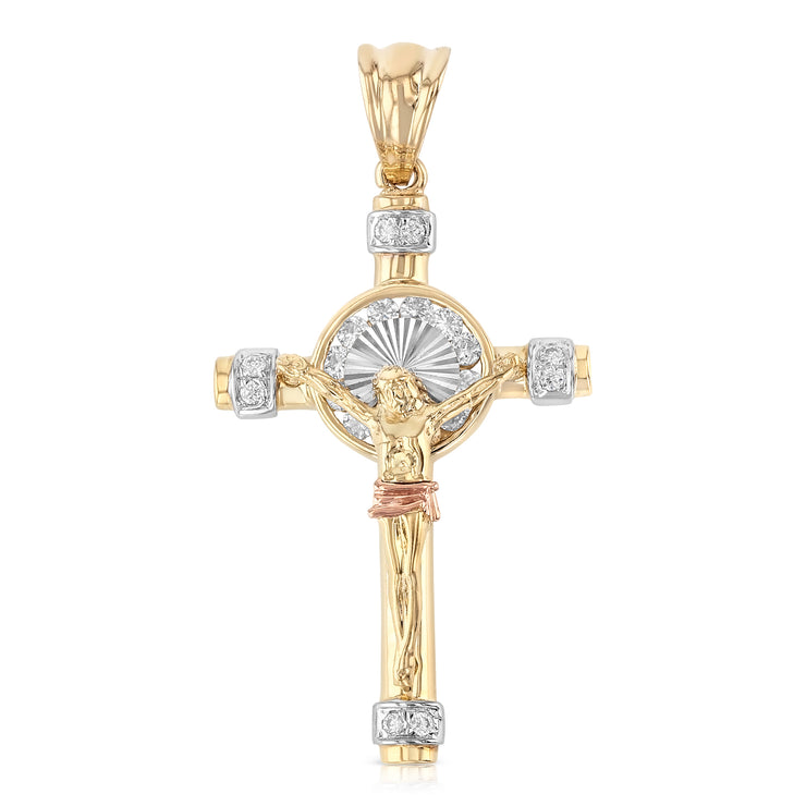 14K Gold CZ Crucifix Pendant with 1.8mm Singapore Chain