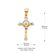 14K Gold CZ Crucifix Charm Pendant with 1.4mm Round Wheat Chain Necklace