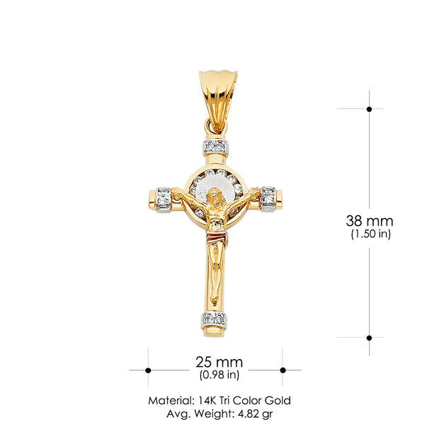 14K Gold CZ Crucifix Charm Pendant with 1.4mm Round Wheat Chain Necklace