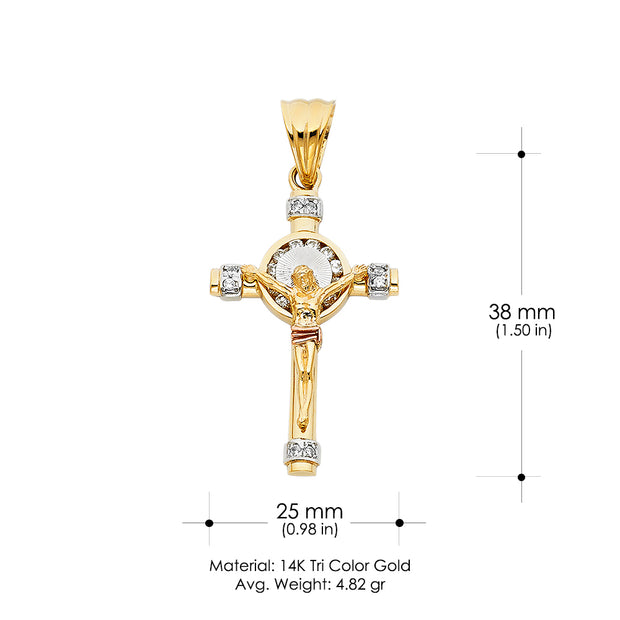 14K Gold CZ Crucifix Pendant with 1.7mm Flat Open Wheat Chain