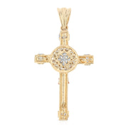 14K Gold CZ Crucifix Pendant with 1.7mm Flat Open Wheat Chain