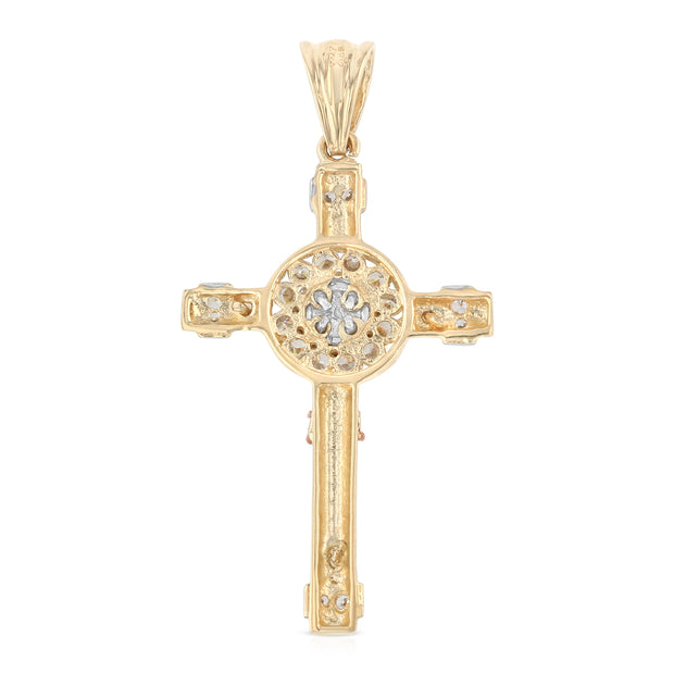 14K Gold CZ Religious Crucifix Charm Pendant with 1.2mm Box Chain Necklace