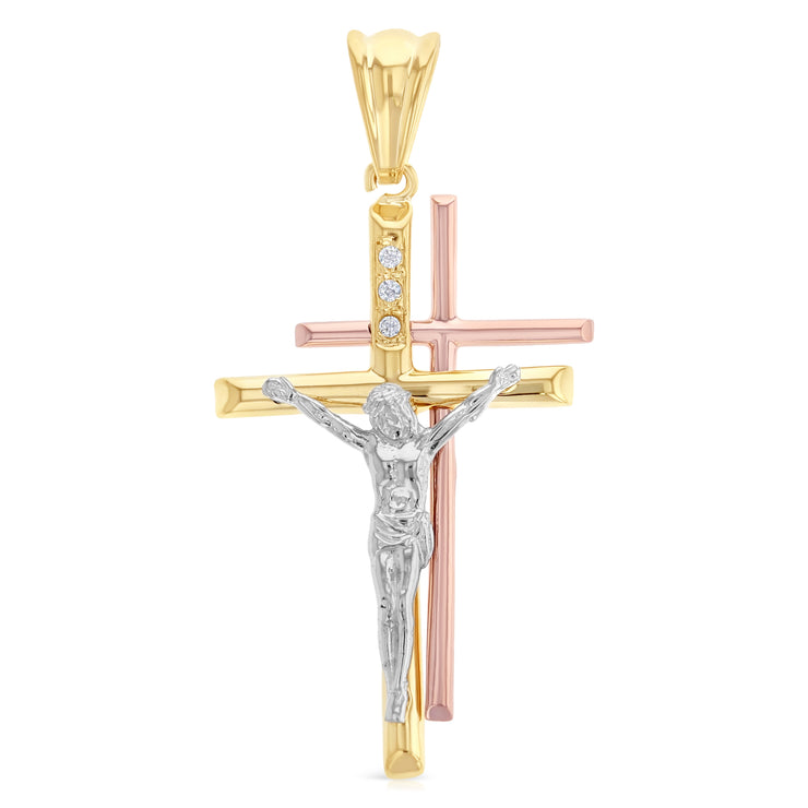 14K Gold Crucifix Charm Pendant with 1.4mm Round Wheat Chain Necklace