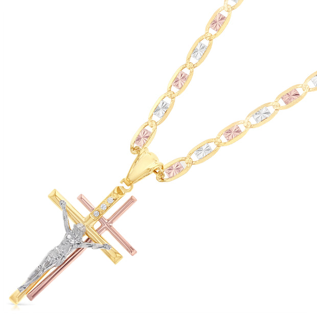 14K Gold Crucifix Pendant with 4.2mm Valentino Star Diamond Cut Chain