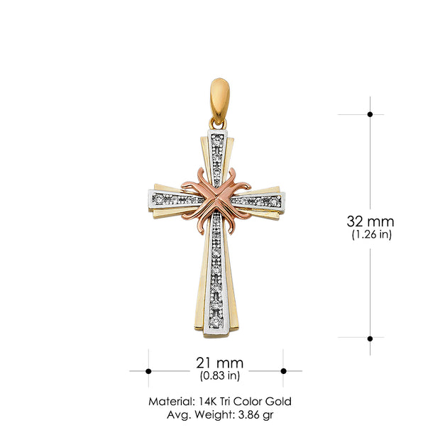14K Gold CZ Cross Pendant with 3.4mm Hollow Cuban Chain