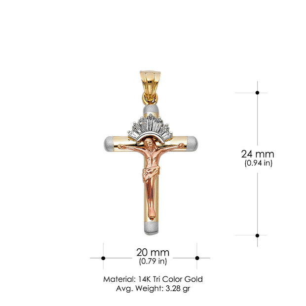 14K Gold CZ Crucifix Pendant with 3.4mm Hollow Cuban Chain