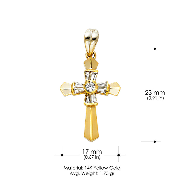 14K Gold CZ Cross Charm Pendant with 1.5mm Flat Open Wheat Chain Necklace