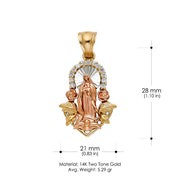 14K Gold CZ Religious Guadalupe Charm Pendant