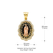 14K Gold CZ Religious Guadalupe Charm Pendant with 1.2mm Box Chain Necklace