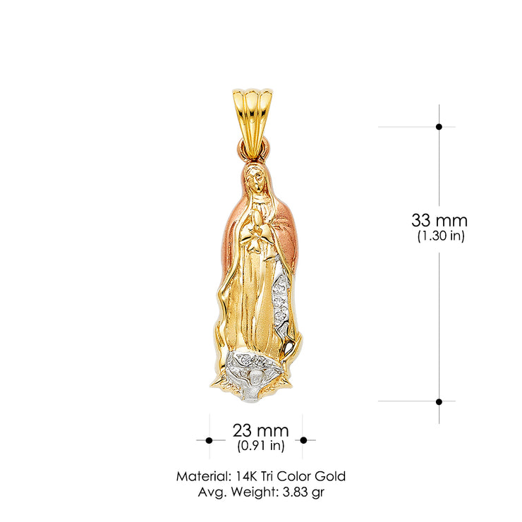 14K Gold CZ Religious Guadalupe Charm Pendant with 1.2mm Box Chain Necklace