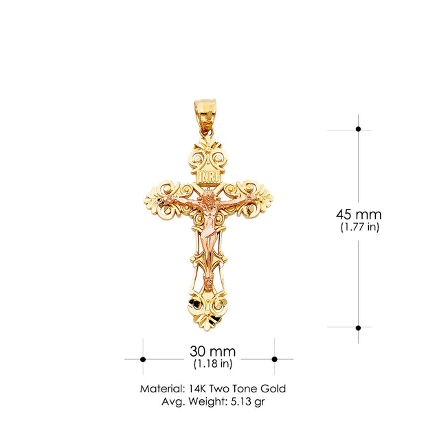 14K Gold Crucifix Charm Pendant with 3.1mm Figaro 3+1 Chain Necklace