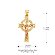 14K Gold Crucifix Charm Pendant with 3.1mm Figaro 3+1 Chain Necklace