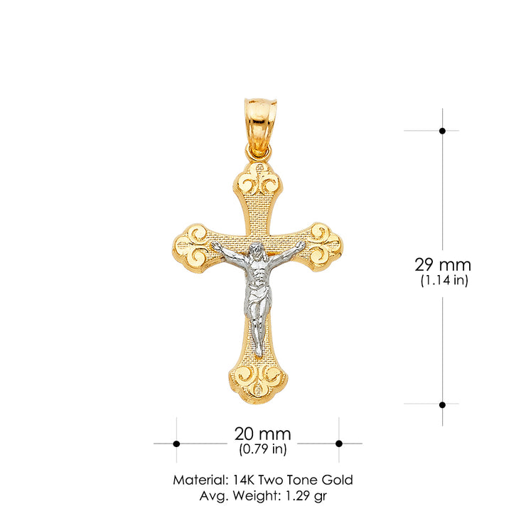 14K Gold Crucifix Charm Pendant with 1.7mm Flat Open Wheat Chain Necklace