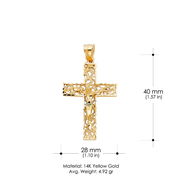 14K Gold Crucifix Charm Pendant with 2mm Flat Open Wheat Chain Necklace