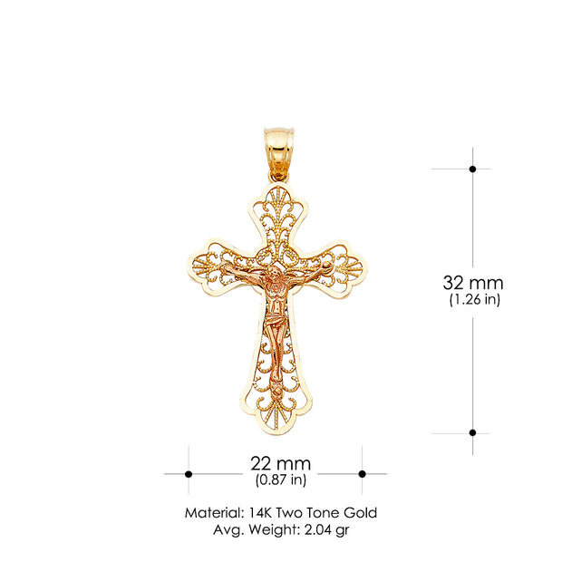 14K Gold Crucifix Charm Pendant with 1.1mm Wheat Chain Necklace