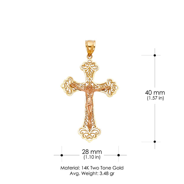 14K Gold Crucifix Charm Pendant with 3.1mm Figaro 3+1 Chain Necklace