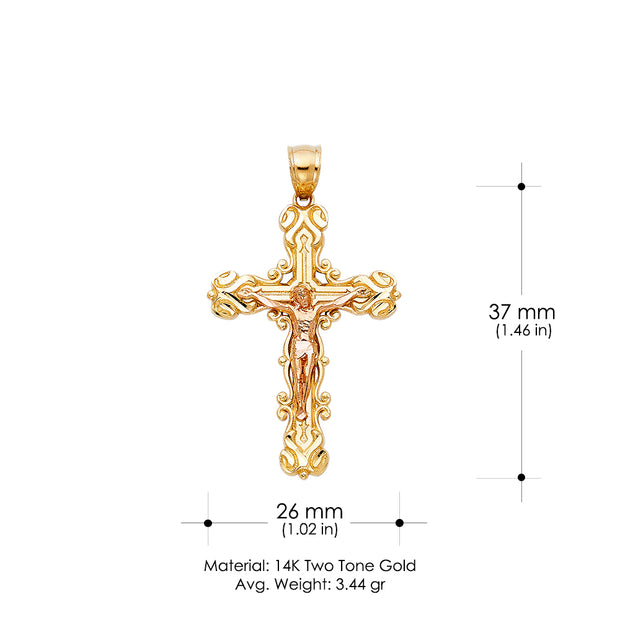 14K Gold Crucifix Charm Pendant with 3.1mm Figaro 3+1 Chain Necklace