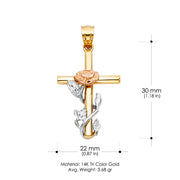 14K Gold Religious Cross with Rose Charm Pendant