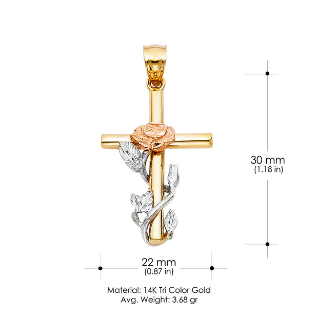 14K Gold Cross with Rose Pendant with 3.4mm Hollow Cuban Chain