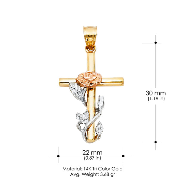 14K Gold Cross with Rose Pendant with 3.1mm Figaro 3+1 Chain