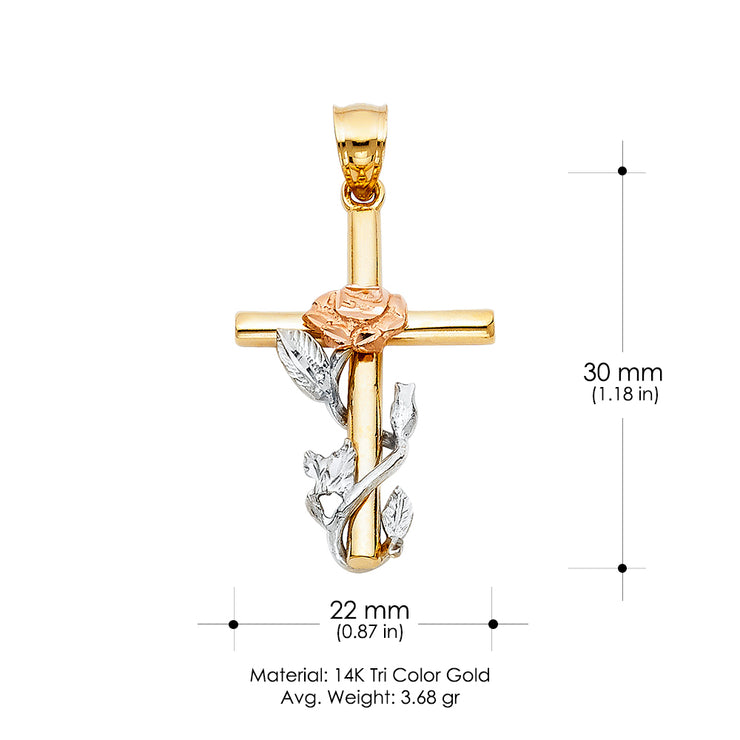 14K Gold Religious Cross withRose Charm Pendant with 1.2mm Box Chain Necklace