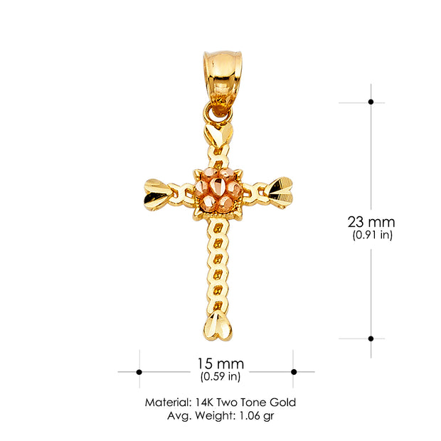 14K Gold Crucifix Charm Pendant with 1.5mm Flat Open Wheat Chain Necklace