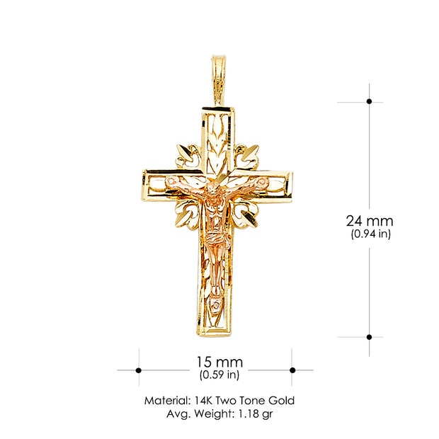 14K Gold Crucifix Charm Pendant with 2.3mm Figaro 3+1 Chain Necklace