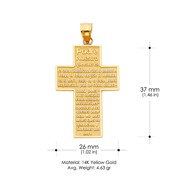 14K Gold Padre Nuestro Cross Charm Pendant with 1.8mm Singapore Chain Necklace