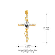 14K Gold CZ Religious Cross with Rose Charm Pendant
