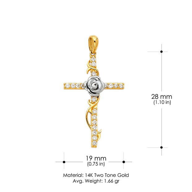 14K Gold CZ Religious Cross with Rose Charm Pendant